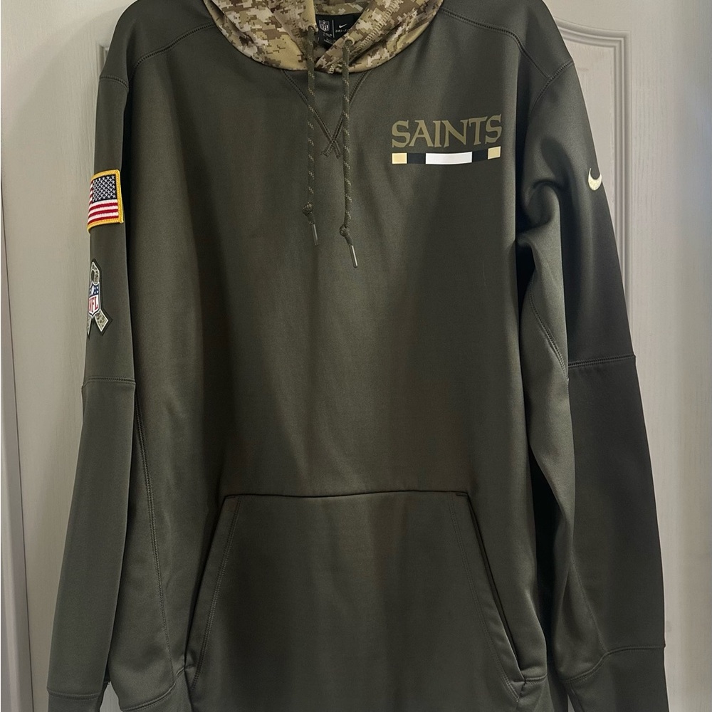 Saints Salute to Service Dri-Fit hoodie Olive Green with Camo Hood